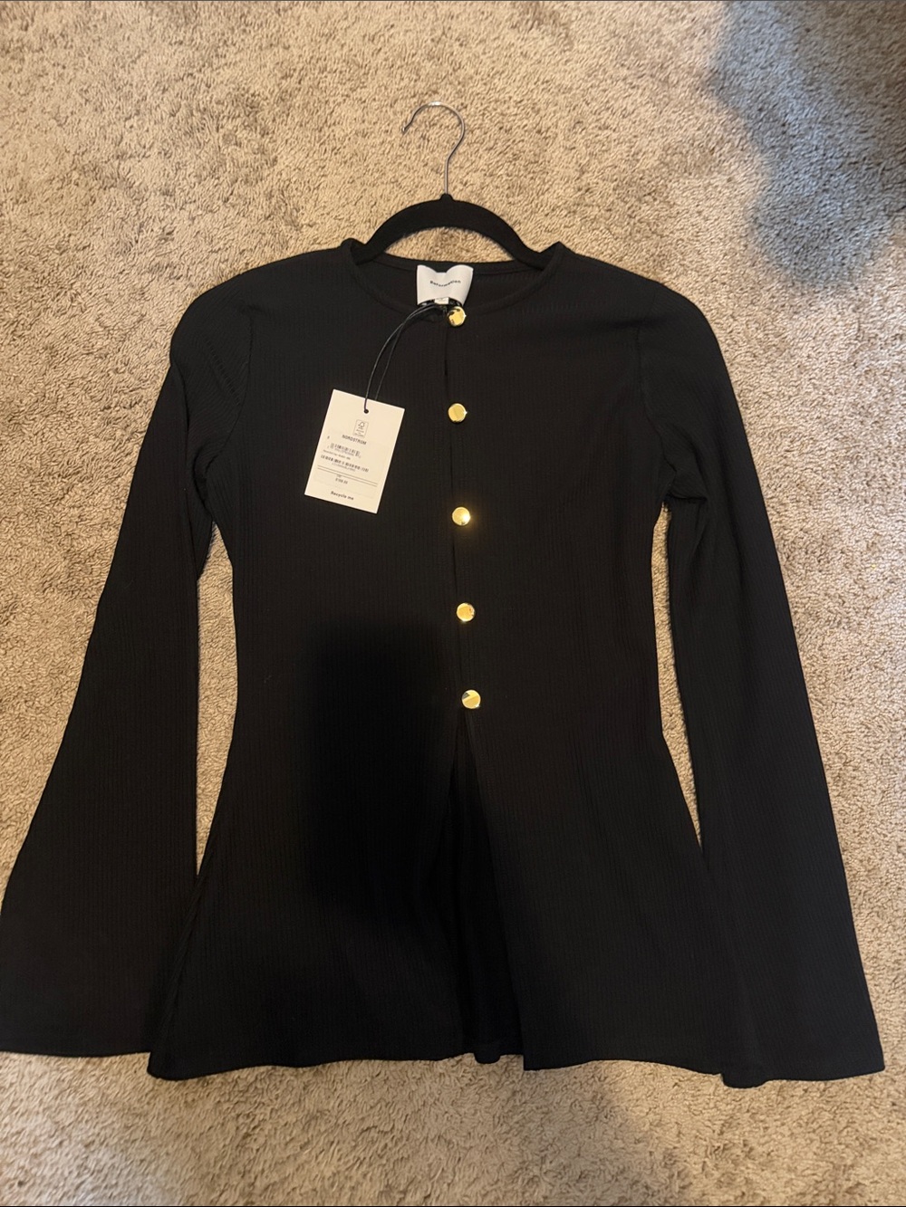 Reformation Black Ribbed Button-Front Top with Gold Buttons